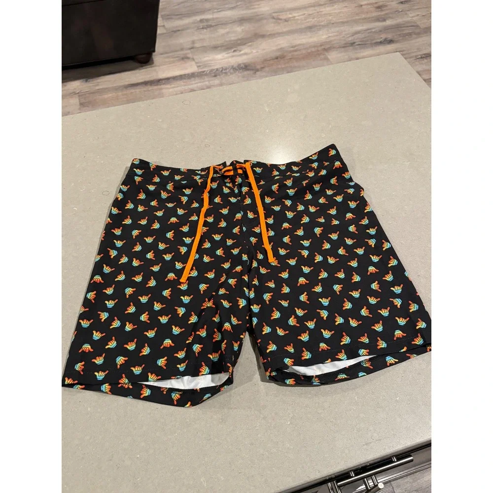 Buoy Boat Men's Black Shaka Print Swim Trunks‎ Size 34 Orange Drawstring